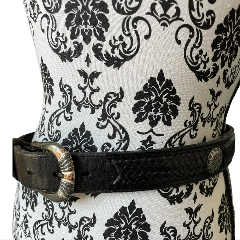 Vintage Black Braided Conch Inlay Leather Belt size Medium